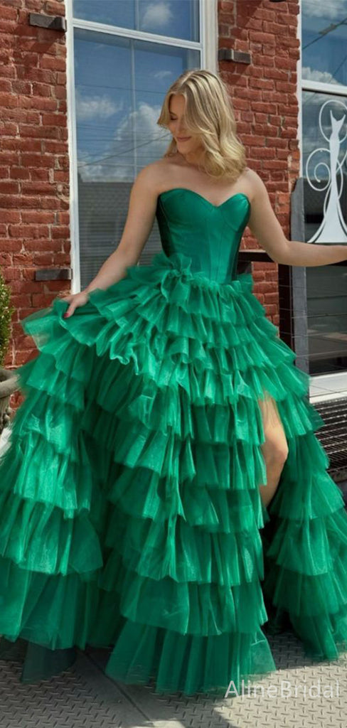 Gorgeous Strapless Green A-line Long Layered Tulle Prom Dress with Slit, Evening Gown, PD382222
