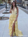 Elegant Yellow V-neck A-line Ruffles Tiered Prom Dress with Side Slit, Evening Dress, PD382223