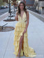 Elegant Yellow V-neck A-line Ruffles Tiered Prom Dress with Side Slit, Evening Dress, PD382223