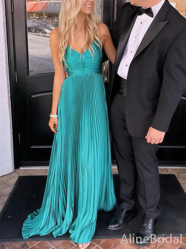 Sexy Blue V-neck Spaghetti Strap Pleated A-line Long Prom Dress,Evening Dress,PD382224