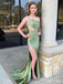 Elegant Green One Shoulder Backless Appliques Long Mermaid Prom Dress Side Slit, Evening Dress,PD382225