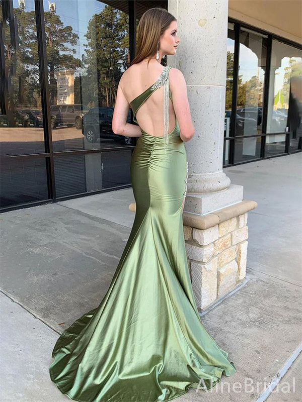 Elegant Green One Shoulder Backless Appliques Long Mermaid Prom Dress Side Slit, Evening Dress,PD382225