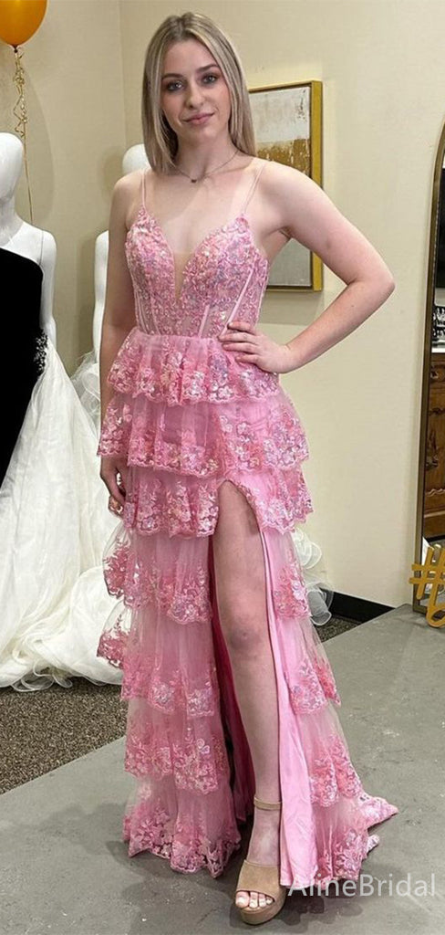 Sparkly Pink Lace Appliques A-Line Layered Tulle Prom Dress, Backless Evening Dress, PD382226