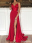 Elegant Red V-Neck Spaghetti Strap A-Line Prom Dress with Slit, Evening Dress,PD382227