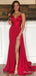 Elegant Red V-Neck Spaghetti Strap A-Line Prom Dress with Slit, Evening Dress,PD382227