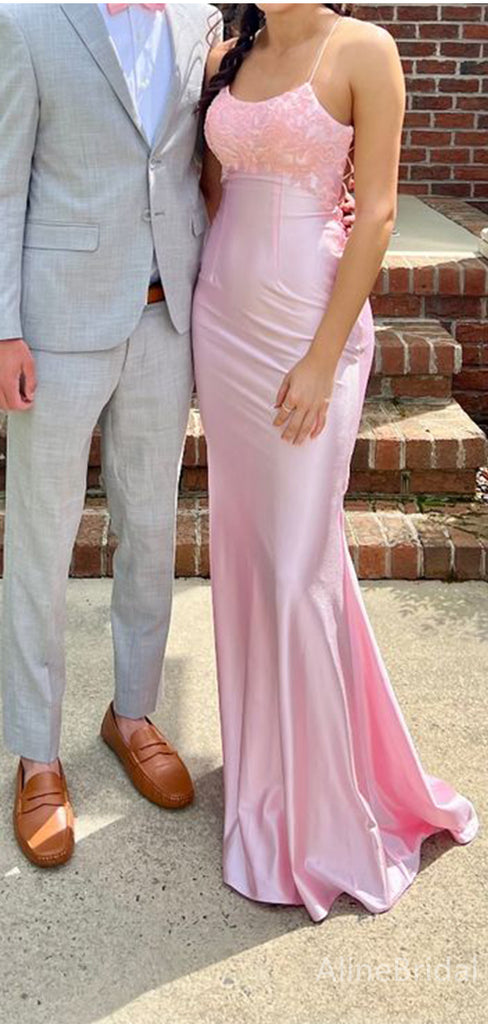 Gorgeous Pink Lace Appliques Spaghetti Strap Mermaid Long Prom Dress,Evening Dress,PD382229