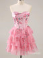 Elegant Pink Floral Corset Ruffle A-line Soft Satin Short Homecoming Dress, Prom Dress, PD382251