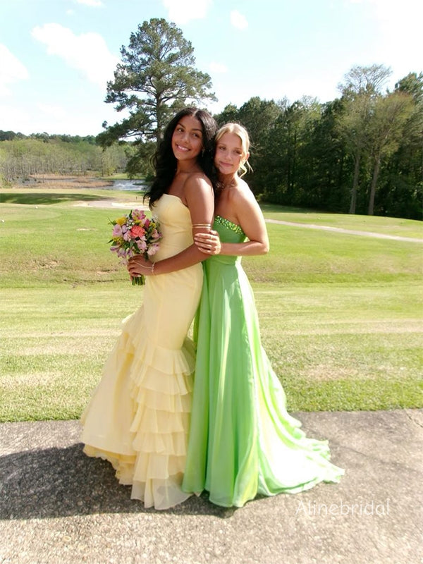 Elegant Strapless Yellow Ruffles Tiered Long Mermaid Prom Dress, Evening Dress PD382233
