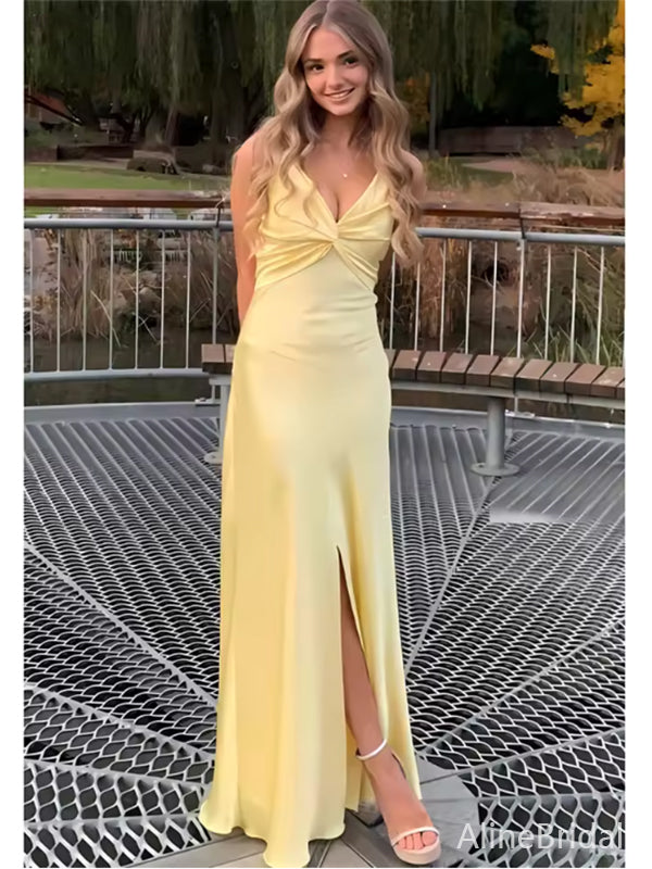 Sexy V-neck Yellow Cut Out Mermaid Long Prom Dress with Bow Detailing, PD382015