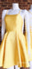 Elegant Spaghetti Lace-up Back A-line Yellow Soft Satin Short Homecoming Dress, Prom DressPD382246