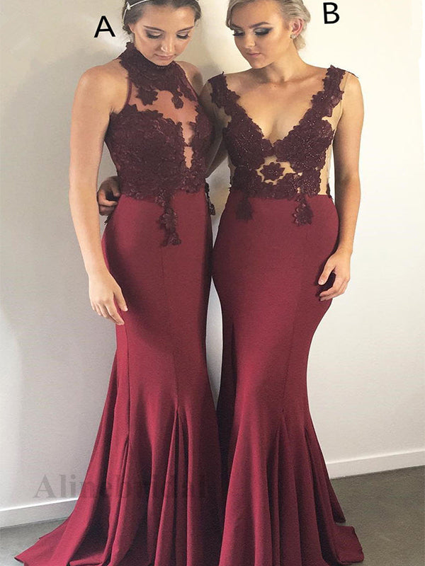 Mismatched Burgundy V-neck Sleeveless Lace Mermaid Bridesmaid Dress, PD3152