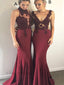 Mismatched Burgundy V-neck Sleeveless Lace Mermaid Bridesmaid Dress, PD3152