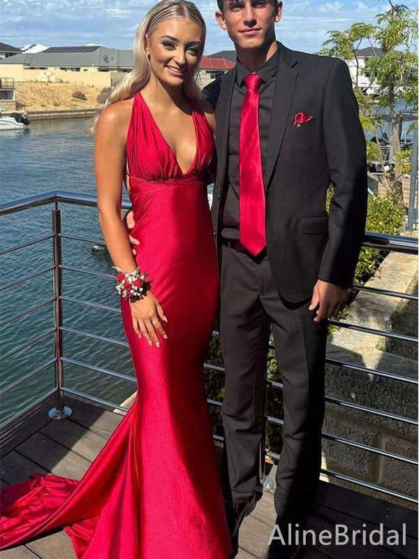 Sexy Red Deep V-neck Halter Long Mermaid Prom Dress, Evening Dress, PD382107