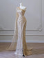 Sexy One Shoulder Champagne Sleeveless Side Slit Long Mermaid Prom Dress with Tulle, PD3686