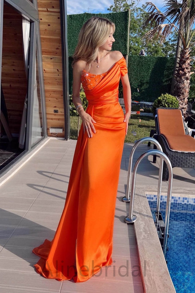 Elegant One Shoulder Strapless Beadings Mermaid Long Prom Dress, PD3732