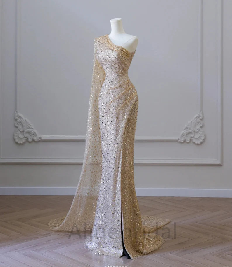 Sexy One Shoulder Champagne Sleeveless Side Slit Long Mermaid Prom Dress with Tulle, PD3686