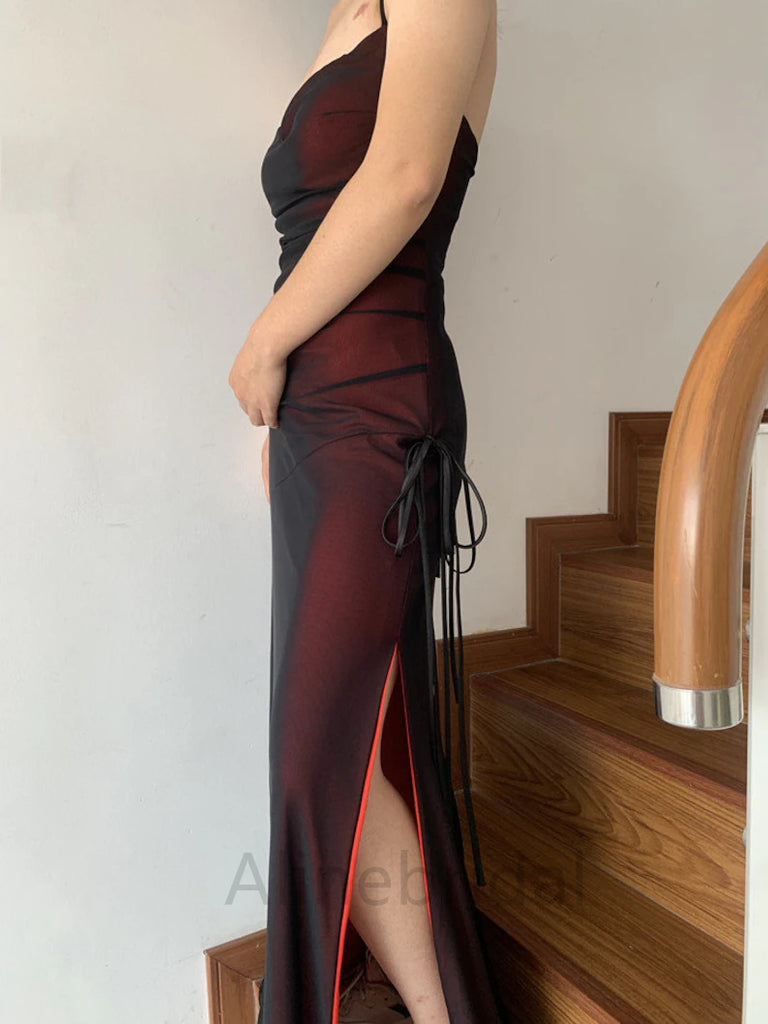 Sexy Burgundy V-neck Sleeveless Side Slit Mermaid Long Prom Dress, PD3731