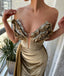 Sexy Champagne Gold V-neck Side Slit Mermaid Long Prom Dress with Ruffles, PD3730