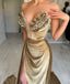 Sexy Champagne Gold V-neck Side Slit Mermaid Long Prom Dress with Ruffles, PD3730