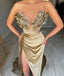 Sexy Champagne Gold V-neck Side Slit Mermaid Long Prom Dress with Ruffles, PD3730