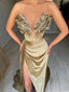 Sexy Champagne Gold V-neck Side Slit Mermaid Long Prom Dress with Ruffles, PD3730