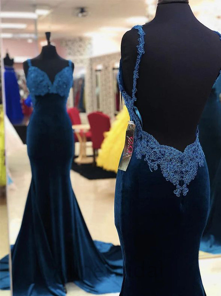 Sexy Dark Blue V-neckBackles Mermaid Long Velvet Evening Dress, PD3680