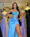 Sexy Blue Strapless Side Slit Mermaid Prom Dress with Beadings, Evening Dress,PD3642