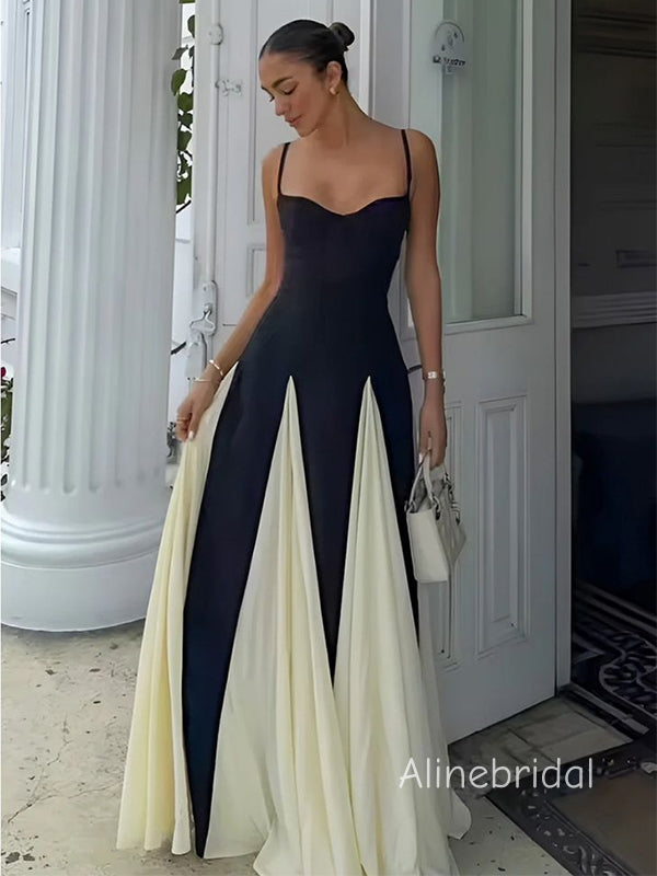 Elegant Spaghetti Straps Black& White Solid  Patchwork A-line Maxi Prom Dress, Formal Dress, PD382244