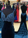 Sexy Dark Blue V-neckBackles Mermaid Long Velvet Evening Dress, PD3680