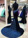 Sexy Dark Blue V-neckBackles Mermaid Long Velvet Evening Dress, PD3680