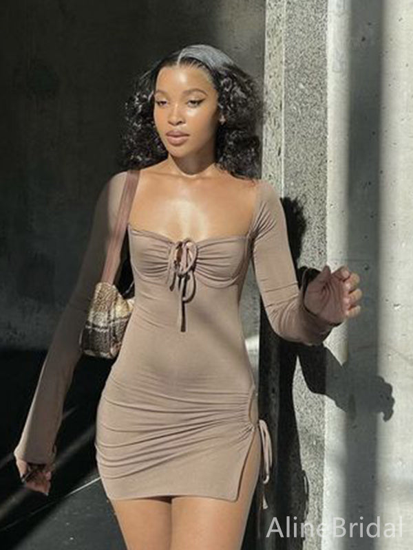 Simple Brown Long Sleeves A-line Short Mini Homecoming Dress, HD3193