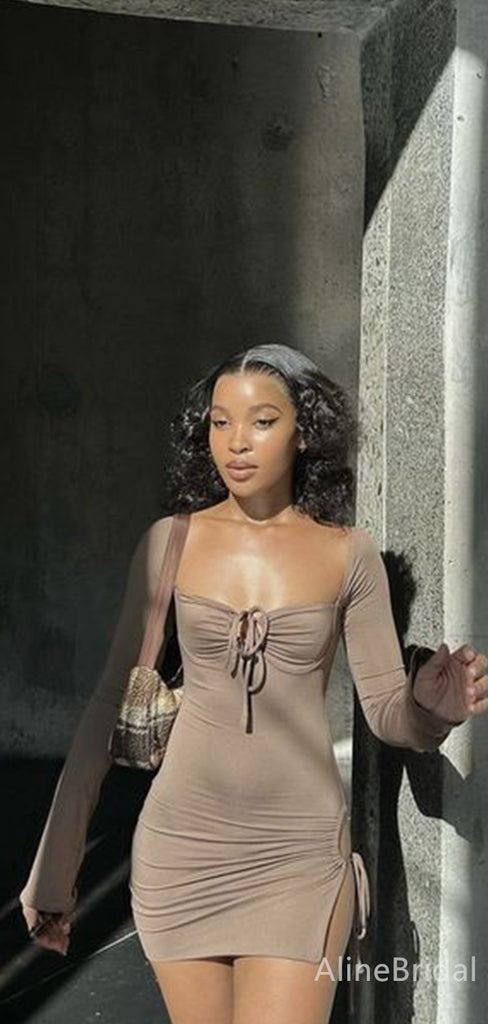 Simple Brown Long Sleeves A-line Short Mini Homecoming Dress, HD3193