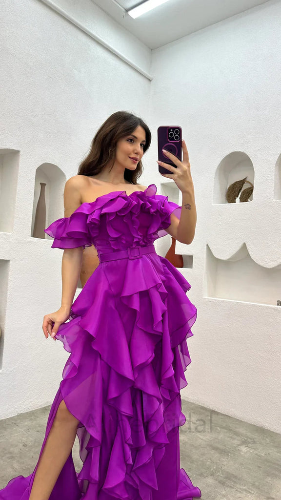 Stunning Purple Off the Shoulder Side Slit A-line Long Prom Dress, Evening Dress, PD3724