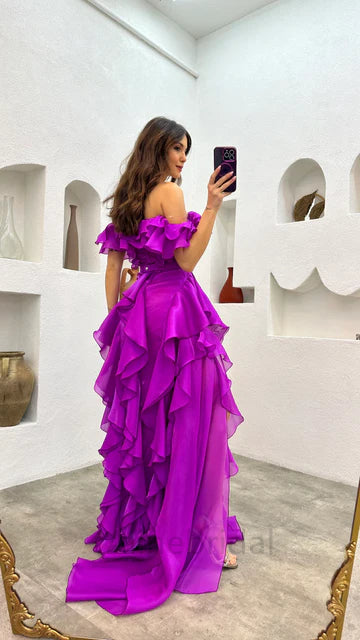 Stunning Purple Off the Shoulder Side Slit A-line Long Prom Dress, Evening Dress, PD3724