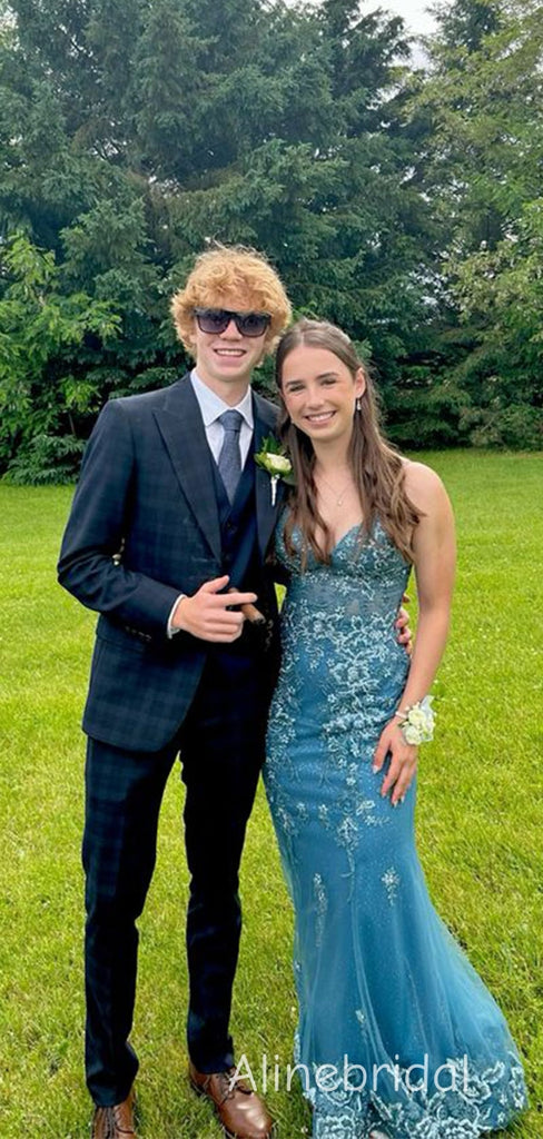 Elegant Blue V-neck Lace Applique Long Mermaid Tulle Prom Dress, Evening Dress, PD382290