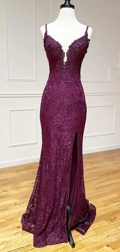 Glamorous Lace Beadings V-neck Spaghetti Strap Mermaid Side Slit Long Prom Dress,Evening Dress,PD37744