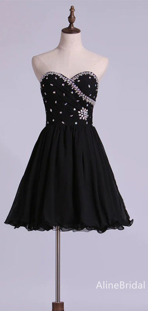Simple Black Sweatheart Strapless A-line Short Mini Homecoming Dress with Beading, HD32655