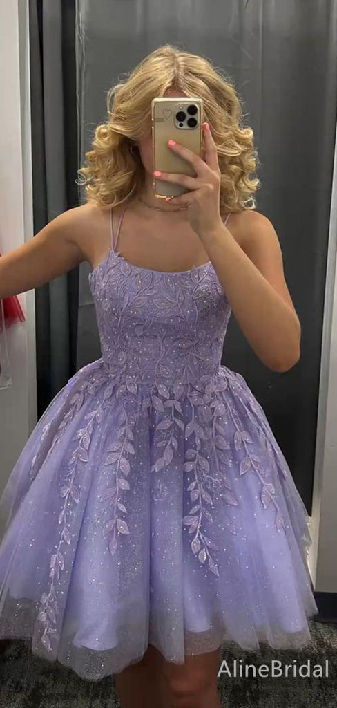 Elegant Purple Lace Appliques A-line Short Mini Homecoming Dress, HD32624