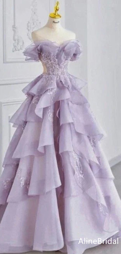 Elegant Purple Strapless A-line Long Layered Tulle Prom Dress, Evening Dress, PD37764