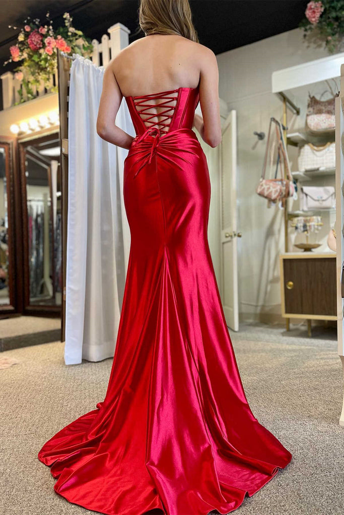 Sexy Red Strapless Sleeveless Side Slit Mermaid Floor Length Prom Dress, PD3643