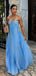 Unique Summer Halter Pleated Blue Spaghetti Strap Backless A-line Long Prom Dress,2025 Fashion Lady A-line Robes,PD381986