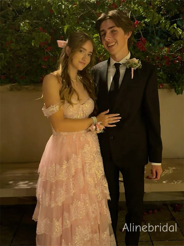 Glamorous  Corset Top Pink Tiered Tulle  Prom Dress with Lace Detailing, Graduation Dress, PD382239