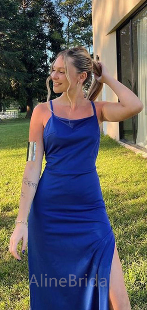 Sexy Blue Spaghetti Strap Backless Mermaid Long Prom Dress, PD37635