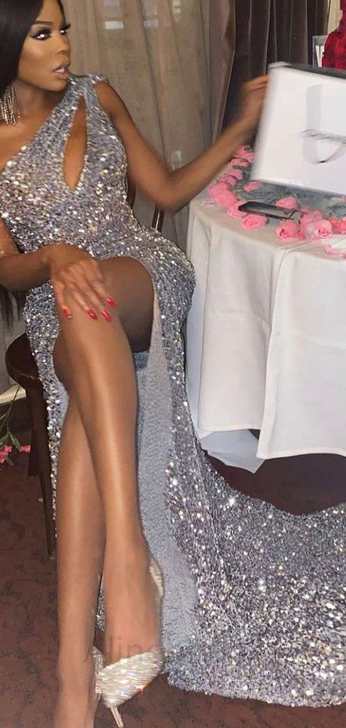 Sparkly Silver One Shoulder Sleeveless Side Slit Mermaid Floor Length Prom Dress, PD3660