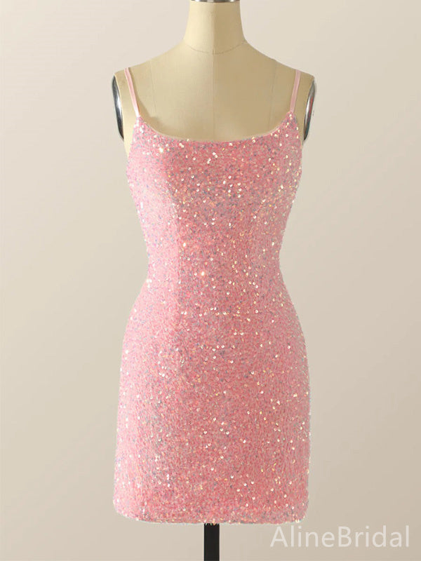 Sparkly Pink Sequins Spaghetti Strap Short Tight Homecoming Dress, HD32679