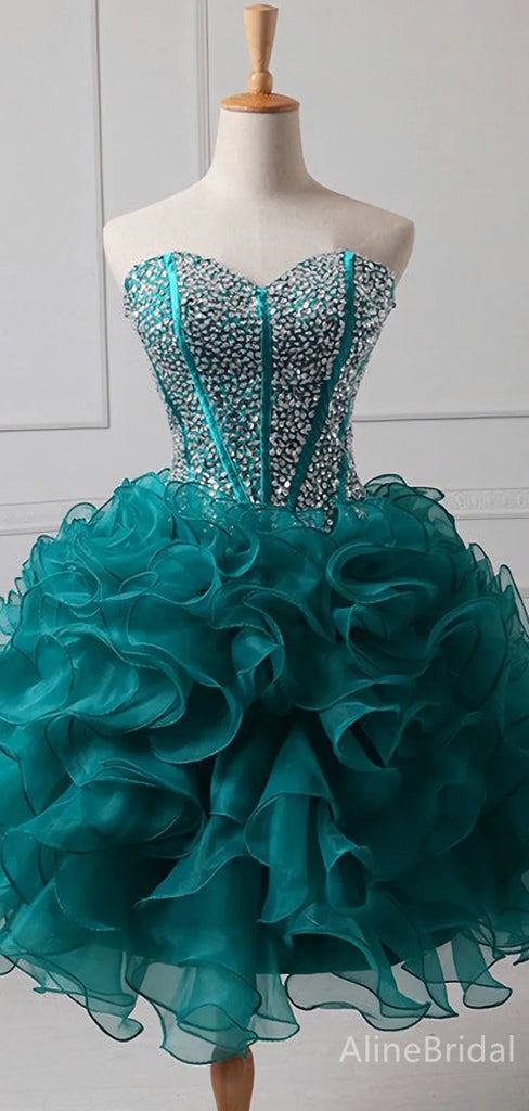 Sparkly Green Rhinestones Strapless A-line Short Tiered Ruffles Homecoming Dress, HD32687