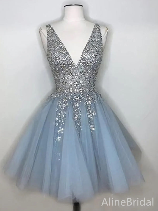 Sparkly Blue V-neck A-line Short Tulle Homecoming Dress with Silver Sequins, HD32689