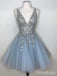 Sparkly Blue V-neck A-line Short Tulle Homecoming Dress with Silver Sequins, HD32689