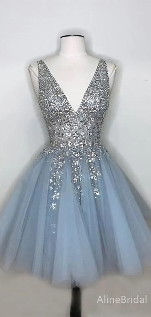 Sparkly Blue V-neck A-line Short Tulle Homecoming Dress with Silver Sequins, HD32689