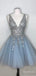 Sparkly Blue V-neck A-line Short Tulle Homecoming Dress with Silver Sequins, HD32689
